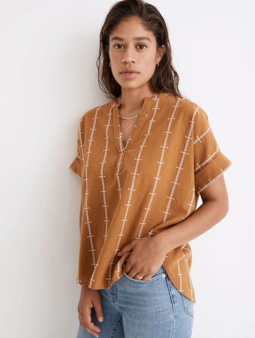 Madewell Rust Orange Embroidered Split-Neck Tunic Top